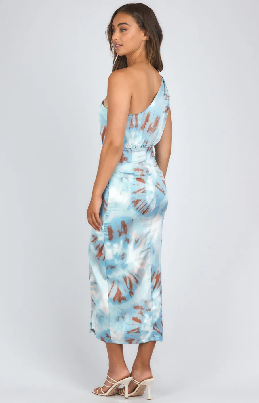 Abstract Dye Print One Shoulder Knot Detail Midi Dress (SDR1091A)