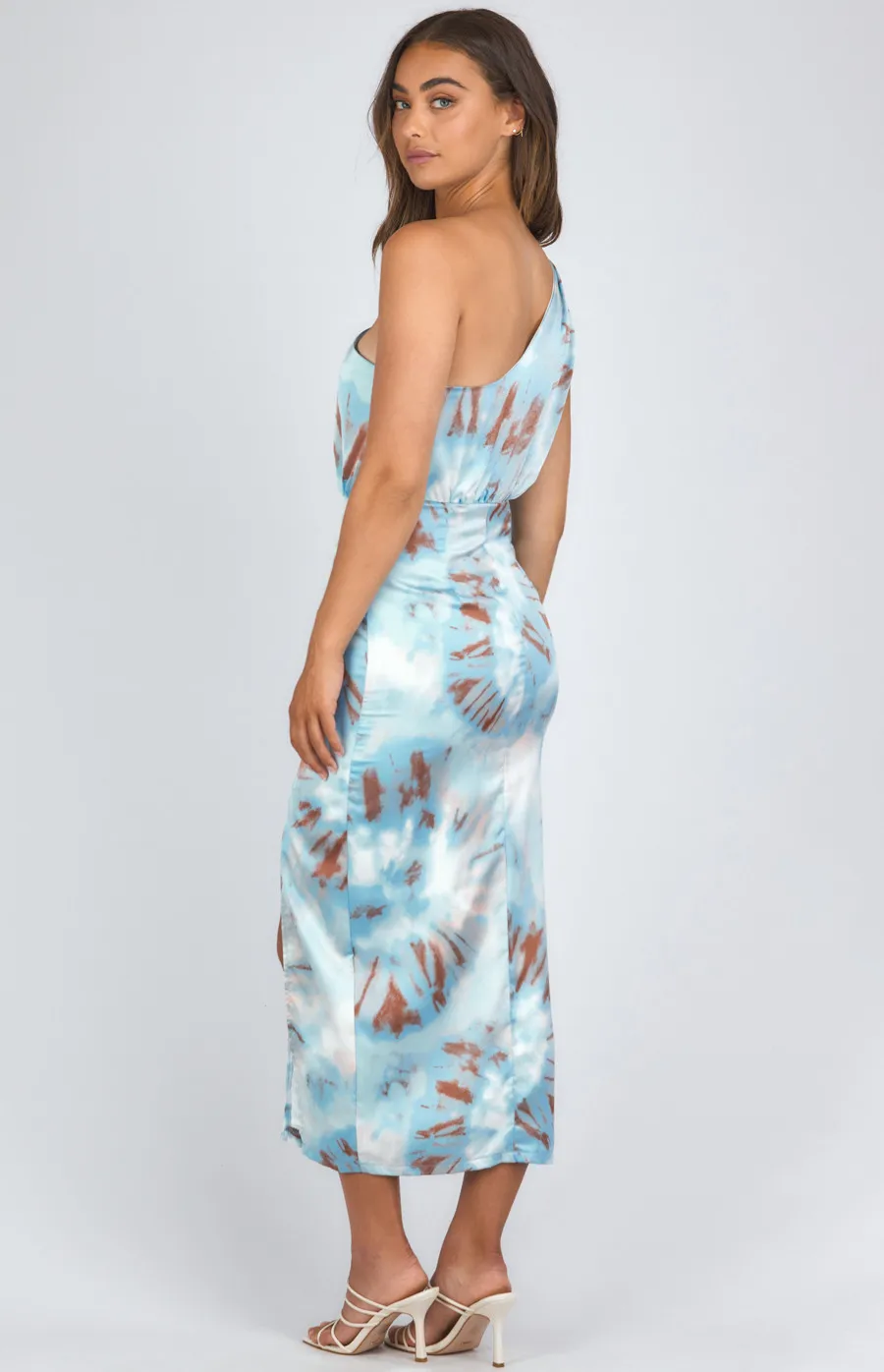 Abstract Dye Print One Shoulder Knot Detail Midi Dress (SDR1091A)