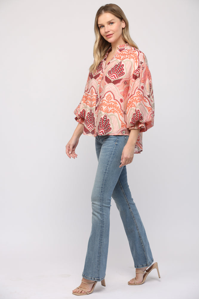 Abstract Print Bubble Sleeve V-Neck Blouse