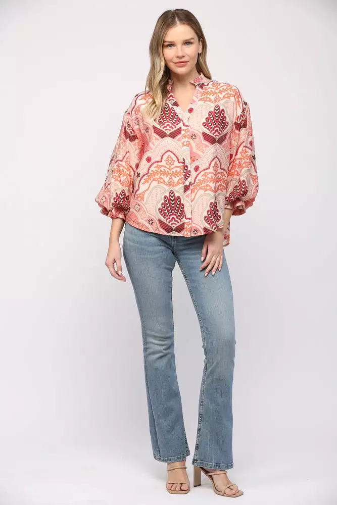 Abstract Print Bubble Sleeve V-Neck Blouse