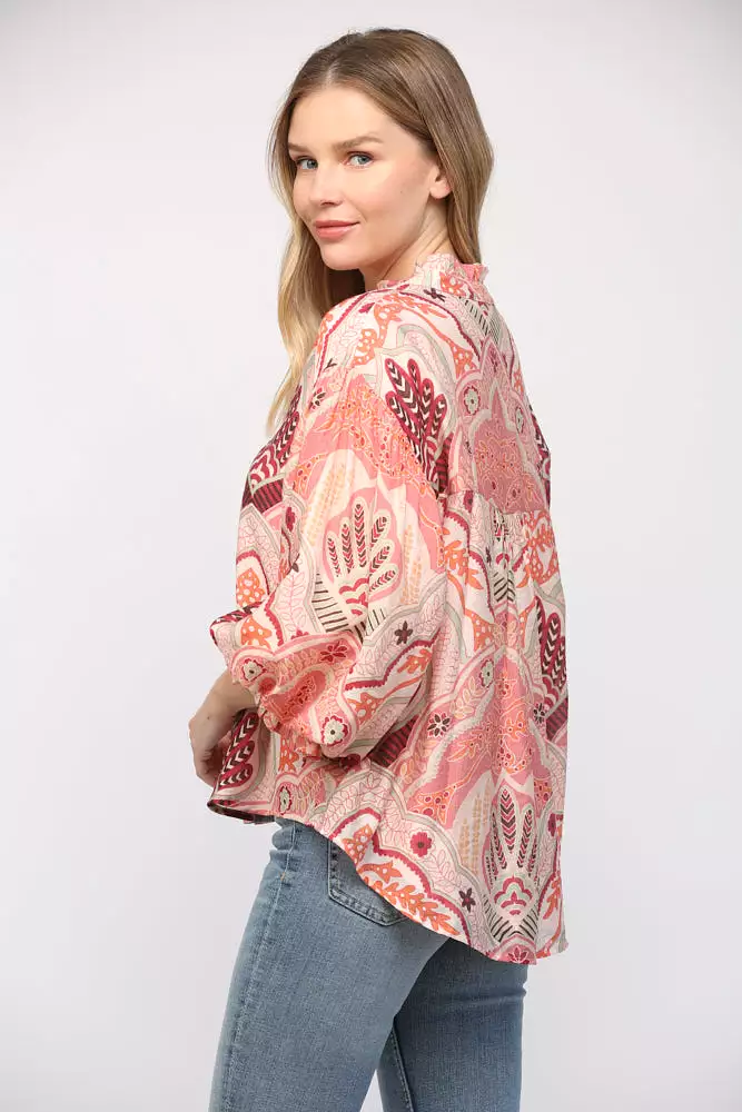 Abstract Print Bubble Sleeve V-Neck Blouse