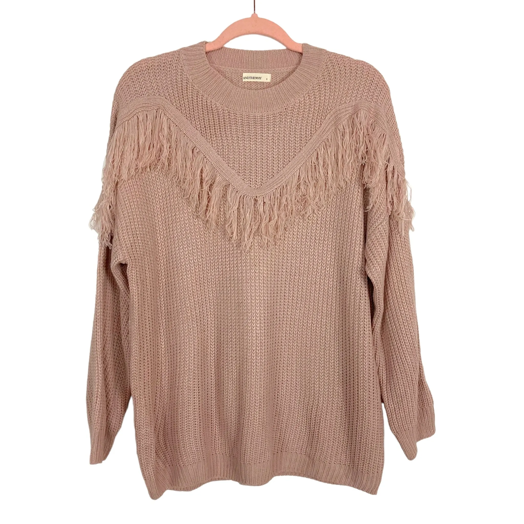 And The Why Blush Open Knit Fringe Sweater- Size S