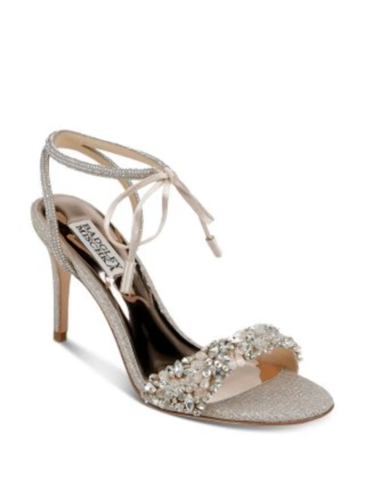 BADGLEY MISCHKA Womens Beige Mixed Media Ankle Wrap Tie Glitter Embellished Padded Kaycee Almond Toe Stiletto Lace-Up Heeled M