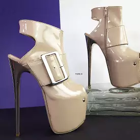 Beige Gloss Big Belted Ankle Heels