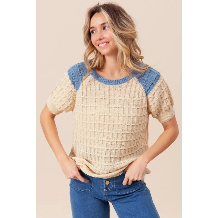 BiBi Textured Contrast Short Sleeve Sweater