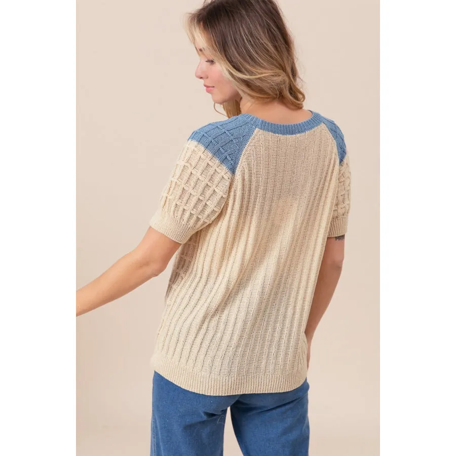 BiBi Textured Contrast Short Sleeve Sweater