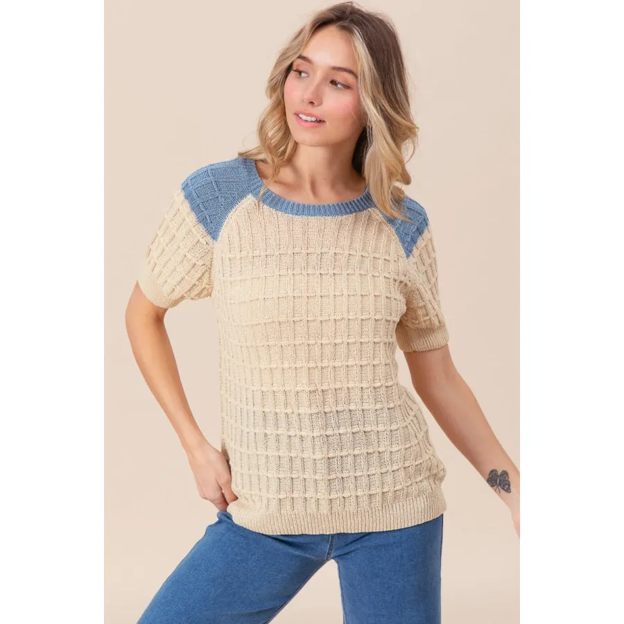 BiBi Textured Contrast Short Sleeve Sweater