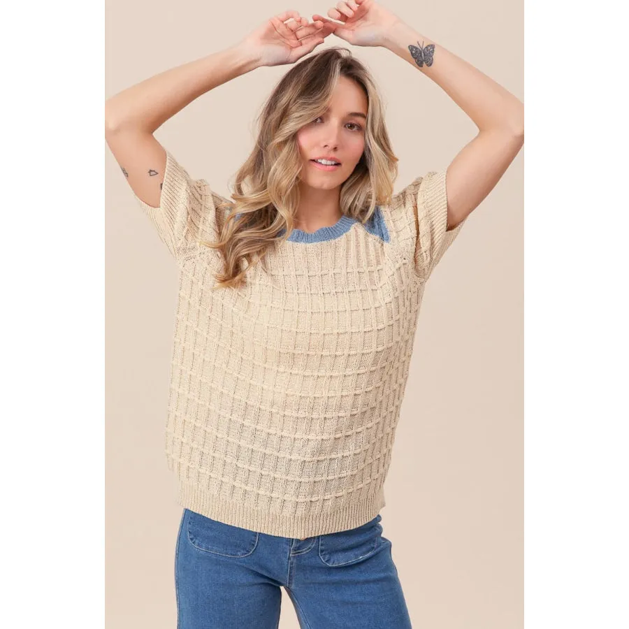 BiBi Textured Contrast Short Sleeve Sweater