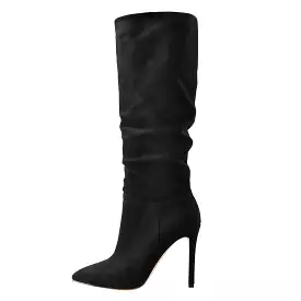 Black Pointed Toe Stiletto Suede Knee Boots