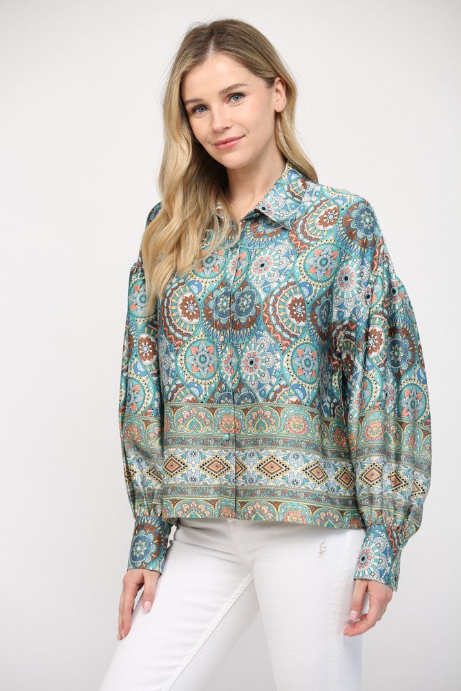 Border Print Button Down Blouson Sleeve Blouse