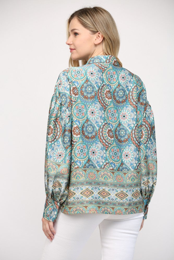 Border Print Button Down Blouson Sleeve Blouse