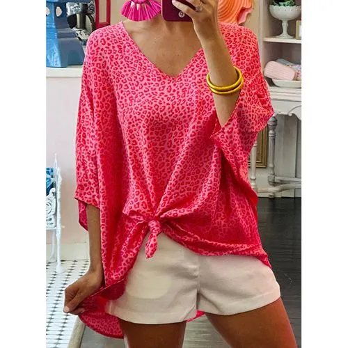 Casual Leopard V Neck Half Sleeve Regular Sleeve Printing Blouse