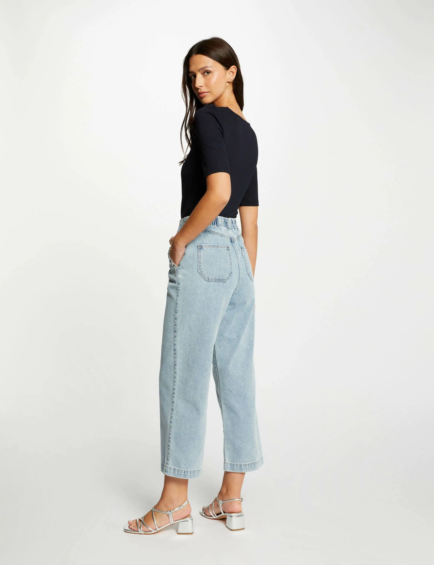 Cropped wide leg jeans studs jean bleached women