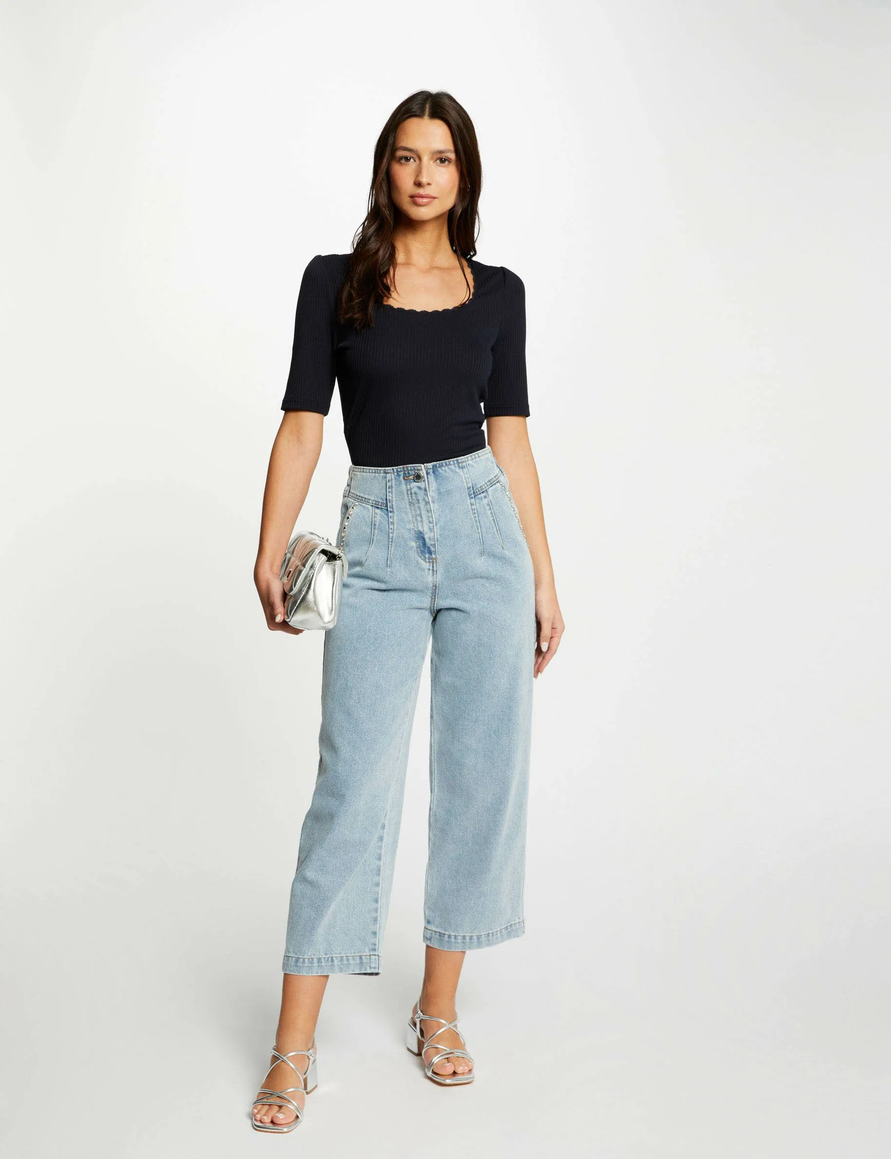 Cropped wide leg jeans studs jean bleached women