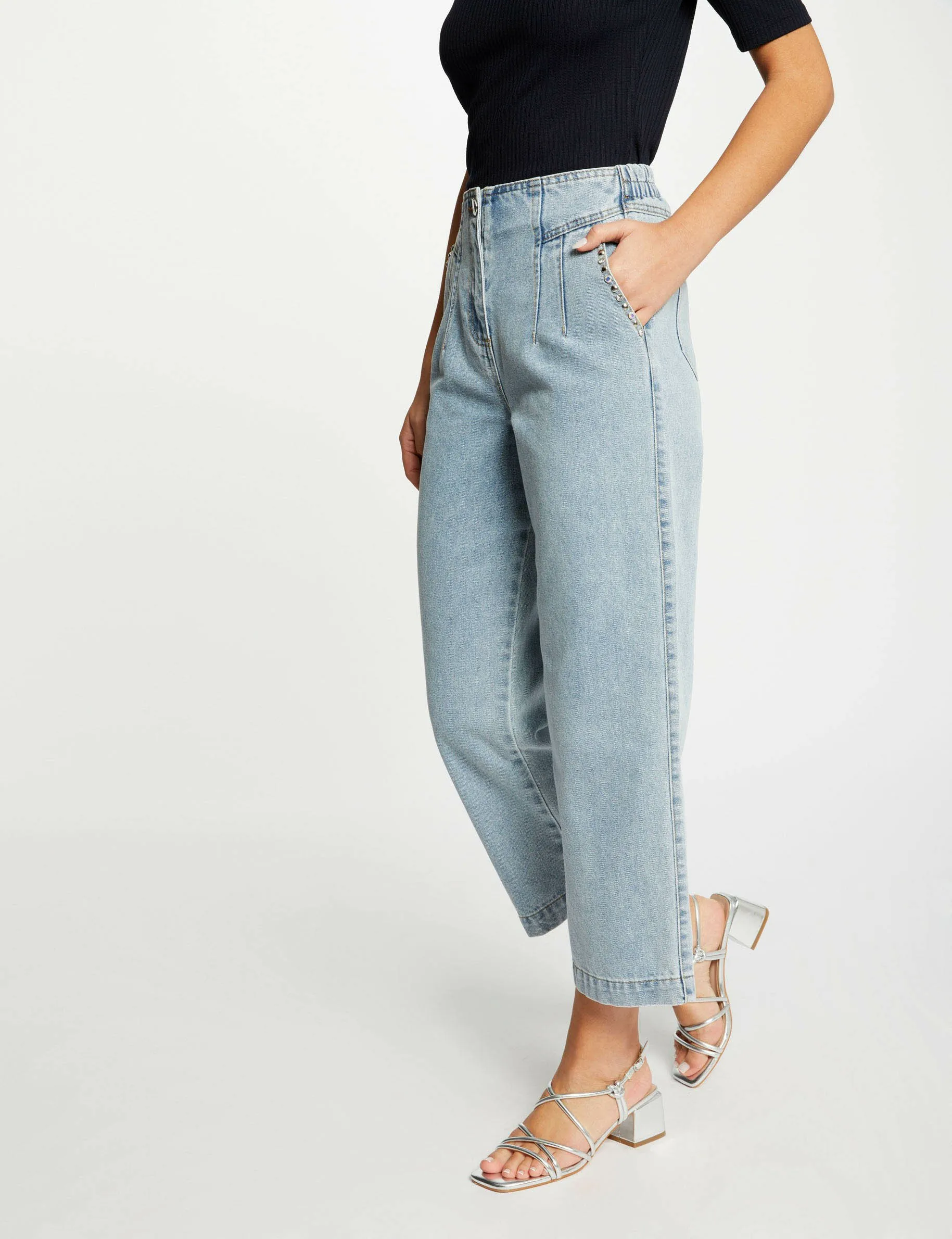 Cropped wide leg jeans studs jean bleached women