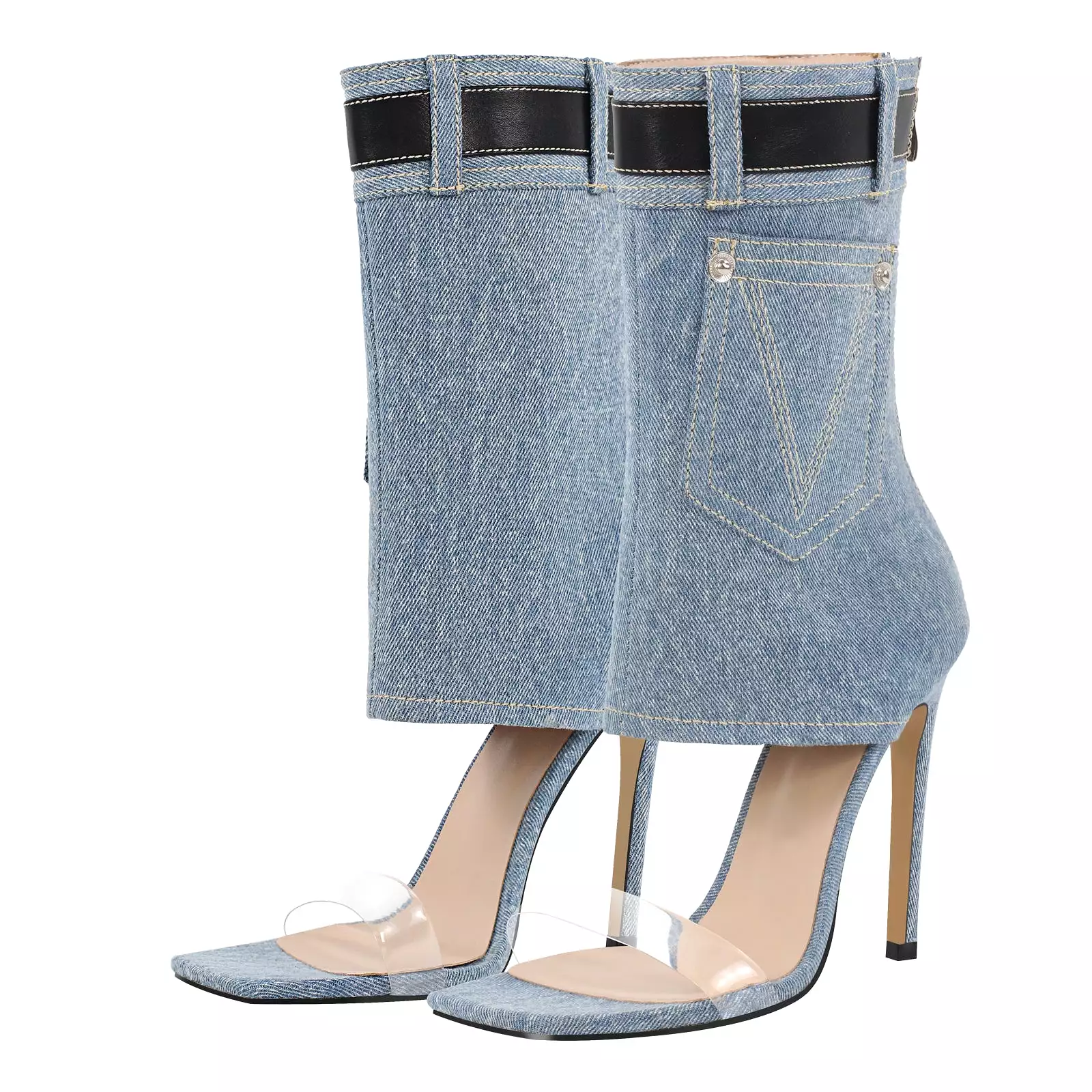 Denim Square Toe Stiletto Ankle Sandals