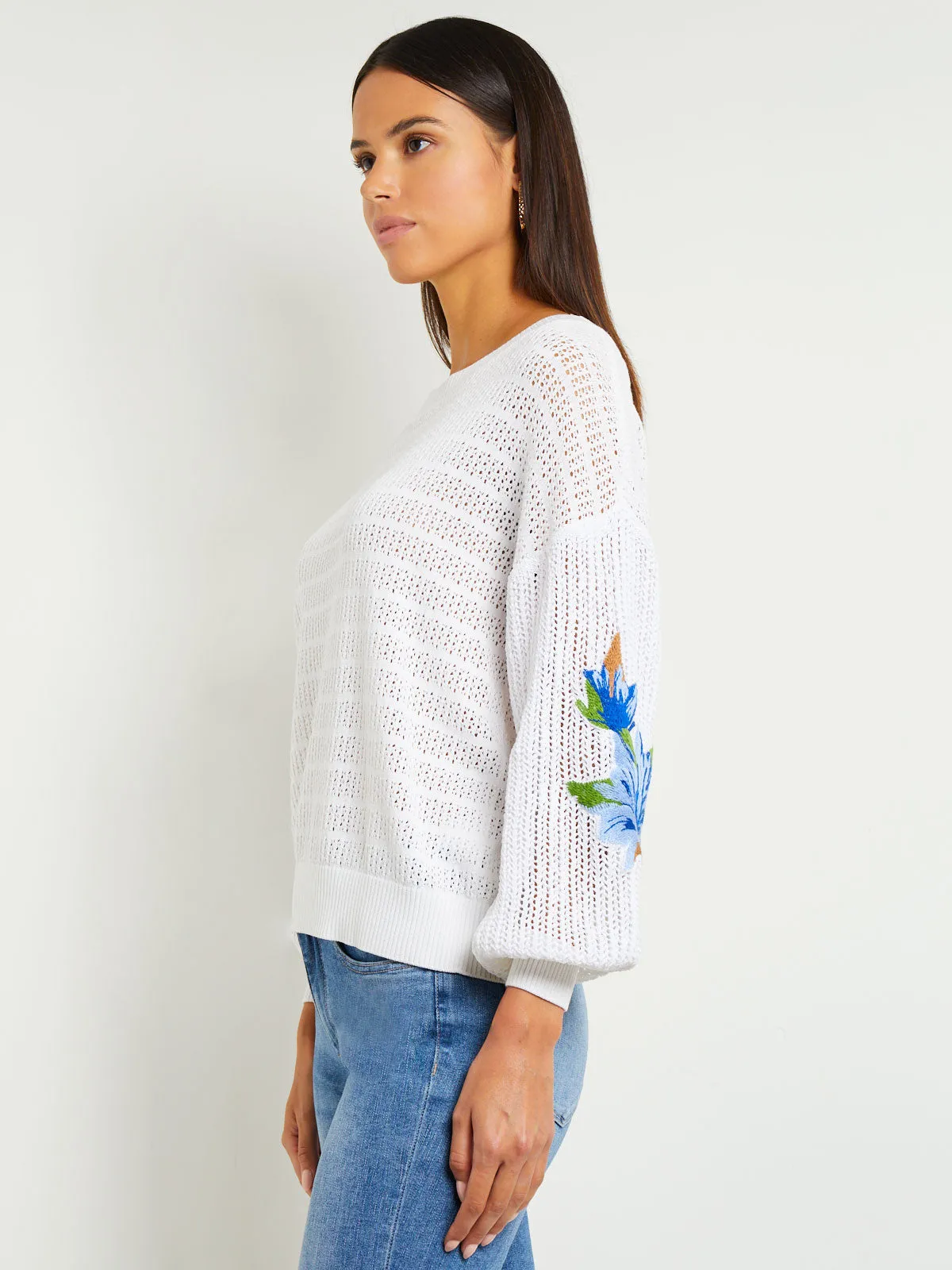 Embroidered Pointelle Knit Balloon Sleeve Sweater