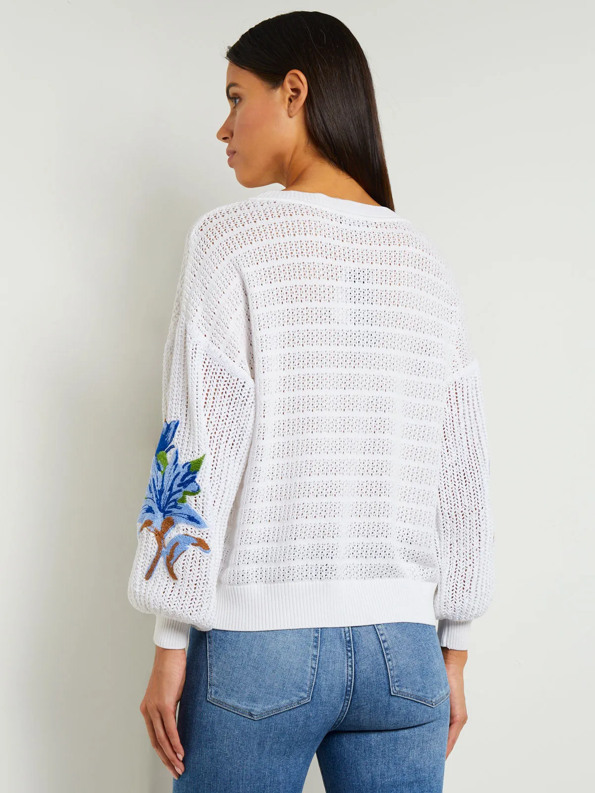 Embroidered Pointelle Knit Balloon Sleeve Sweater