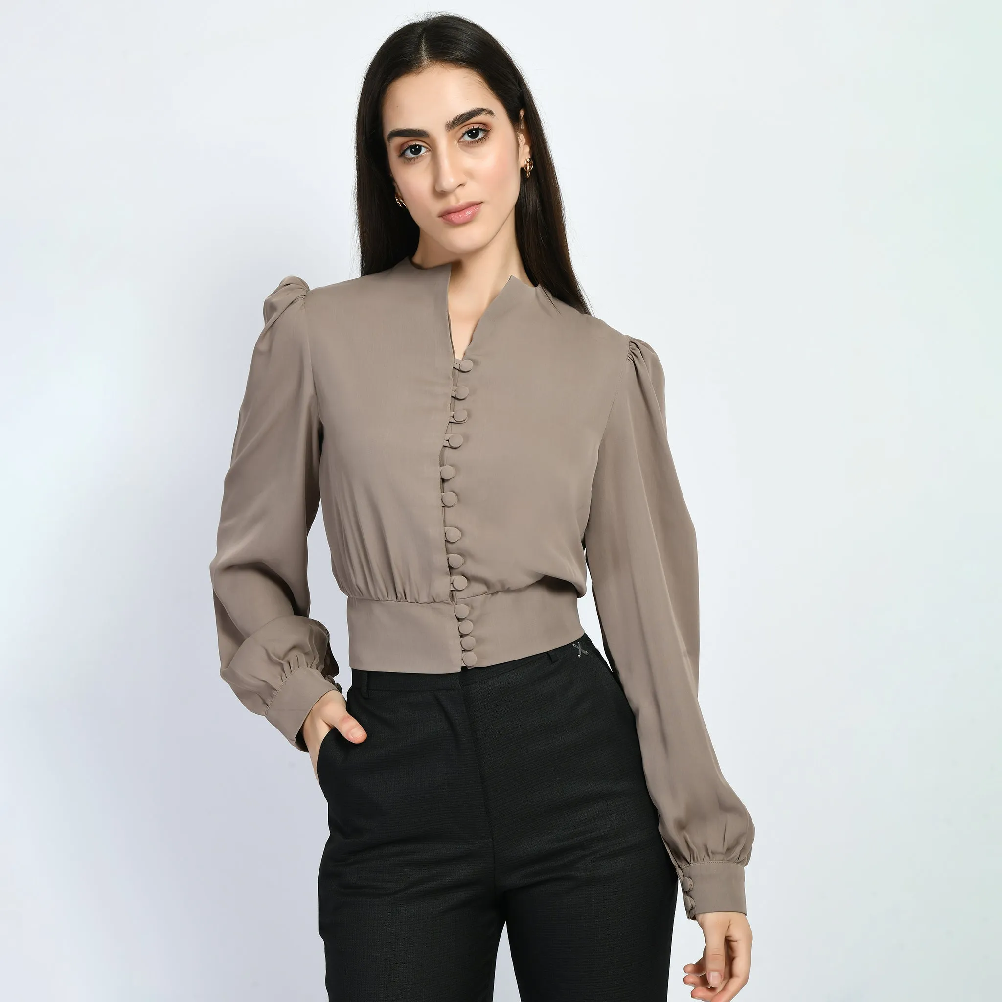 Exude Dynamism Blouson Top with Puffed Sleeves (Camel Beige)