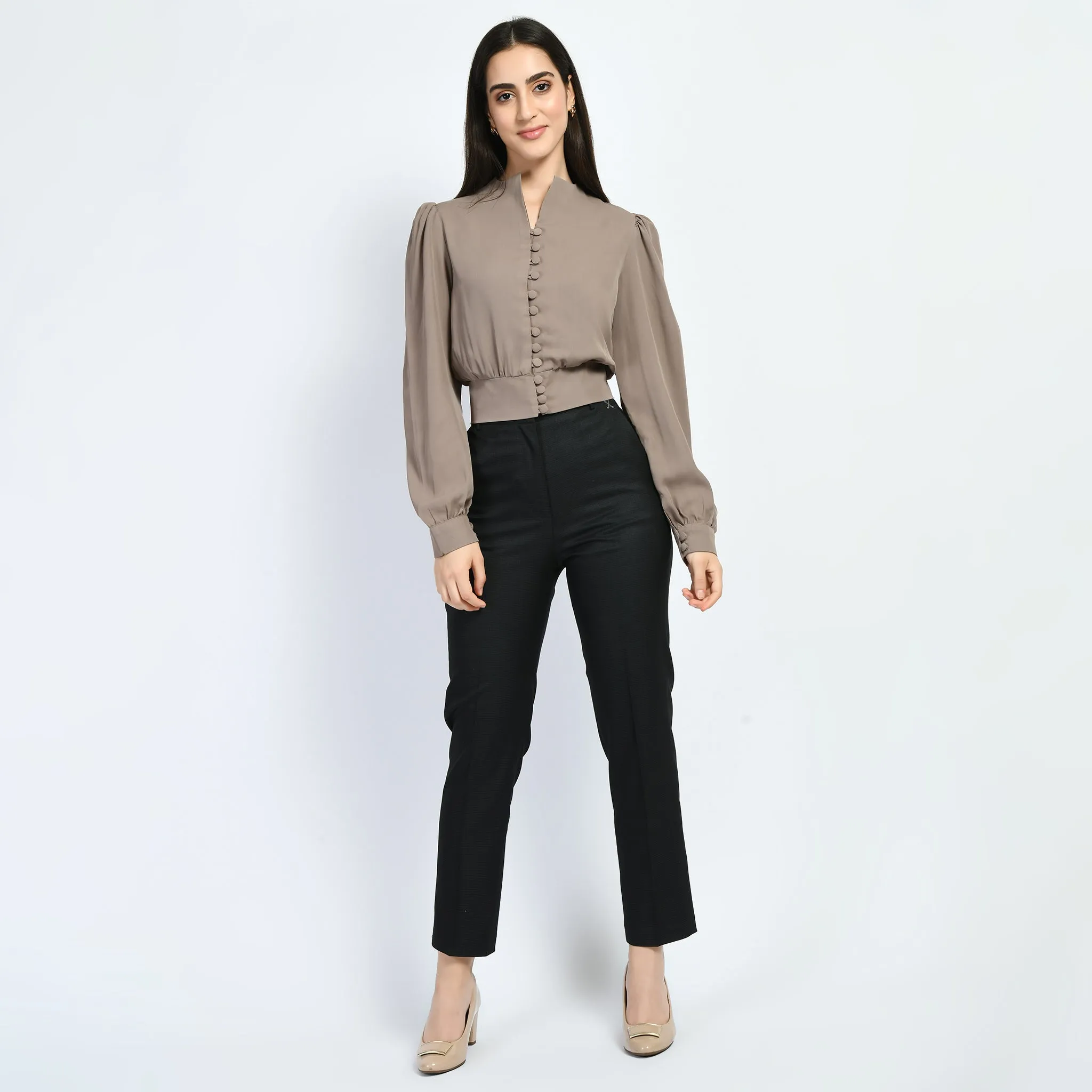 Exude Dynamism Blouson Top with Puffed Sleeves (Camel Beige)