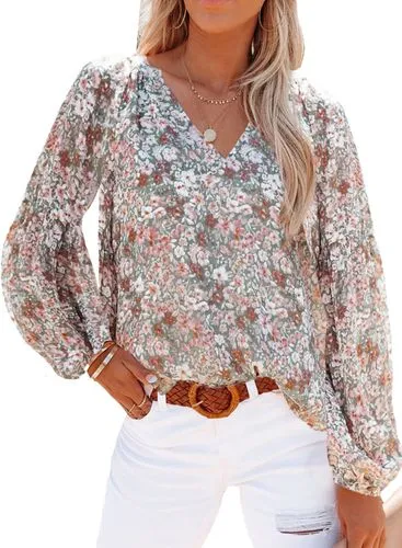 Fashion Ditsy Floral Polyester Chiffon V Neck Short Sleeve Bishop Sleeve Printing T-shirt