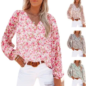 Fashion Ditsy Floral Polyester Chiffon V Neck Short Sleeve Bishop Sleeve Printing T-shirt