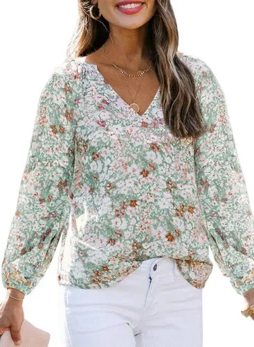 Fashion Ditsy Floral Polyester Chiffon V Neck Short Sleeve Bishop Sleeve Printing T-shirt