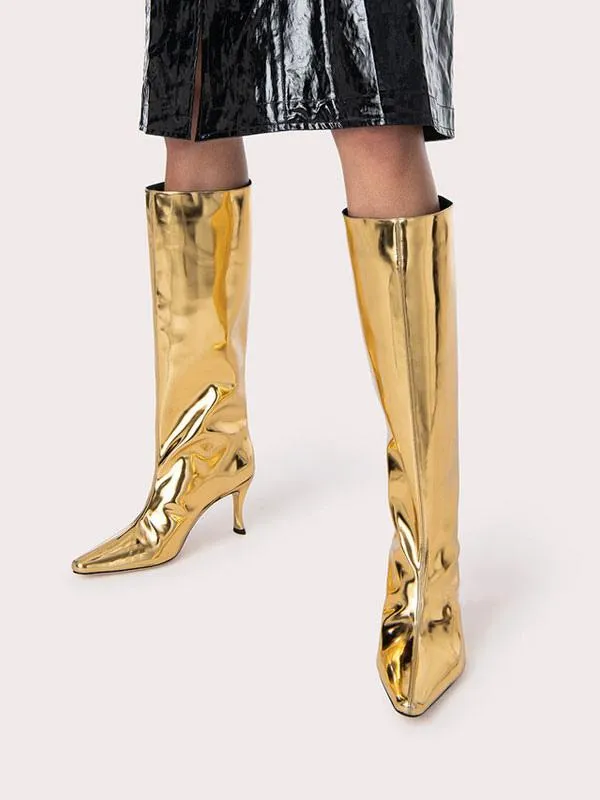 Gold Pointed Toe Stiletto Heel Wide Calf Boots