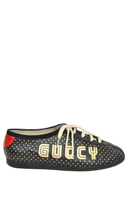 Gucci Black/Gold Star Printed Leather 'Guccy' Falacer Sneakers sz 8.5 Mens