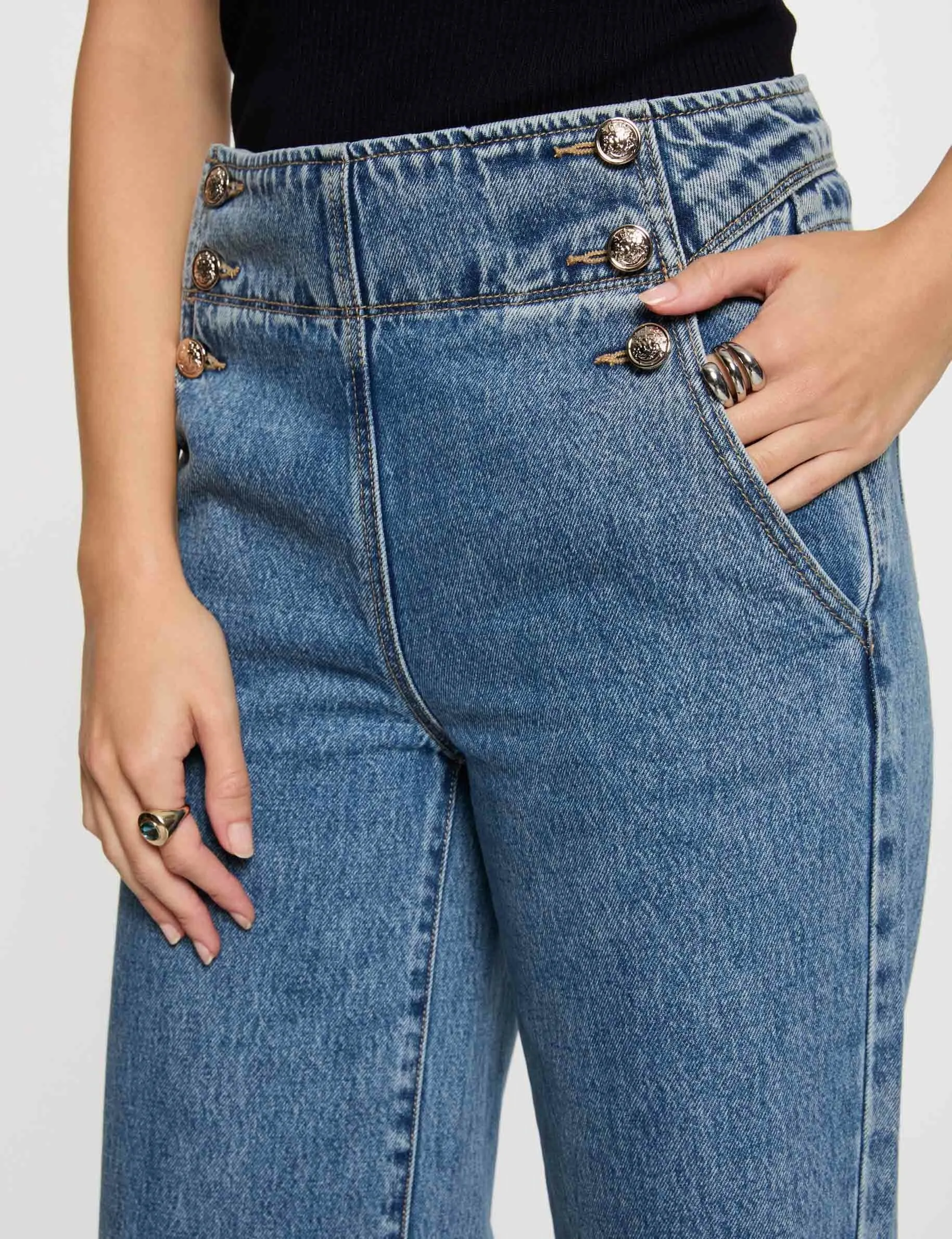 High-waisted bootcut jeans heavy stone wash denim women