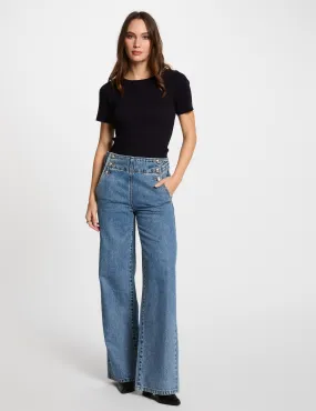 High-waisted bootcut jeans heavy stone wash denim women