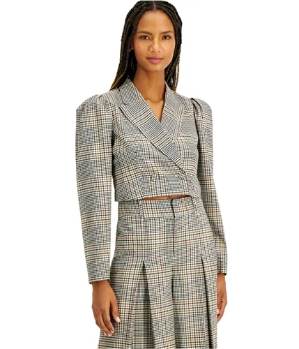 I-N-C Womens Plaid Double Breasted Blazer Jacket