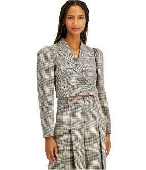 I-N-C Womens Plaid Double Breasted Blazer Jacket