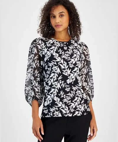 Kasper Women's Leaf-Print Shirred-Neck Blouson-Sleeve Knit Top