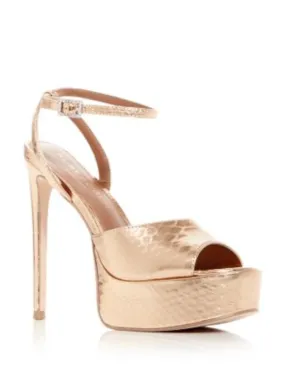 KURT GEIGER LONDON Womens Gold Snake Rhinestone Buckle Ankle Strap Padded Pierra Round Toe Stiletto Buckle Leather Heeled