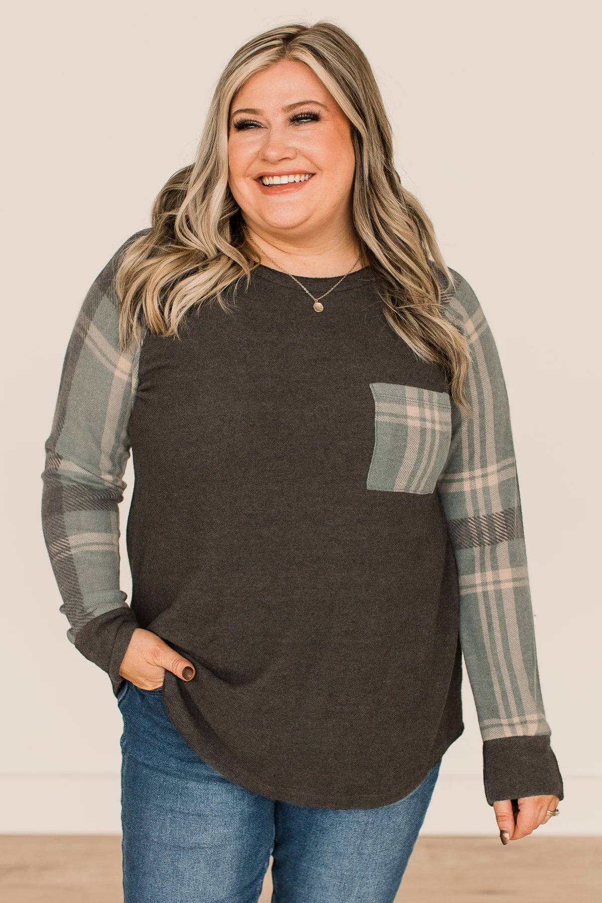 Late Nights In Plaid Pocket Top- Dusty Teal & Charcoal