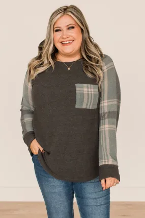 Late Nights In Plaid Pocket Top- Dusty Teal & Charcoal