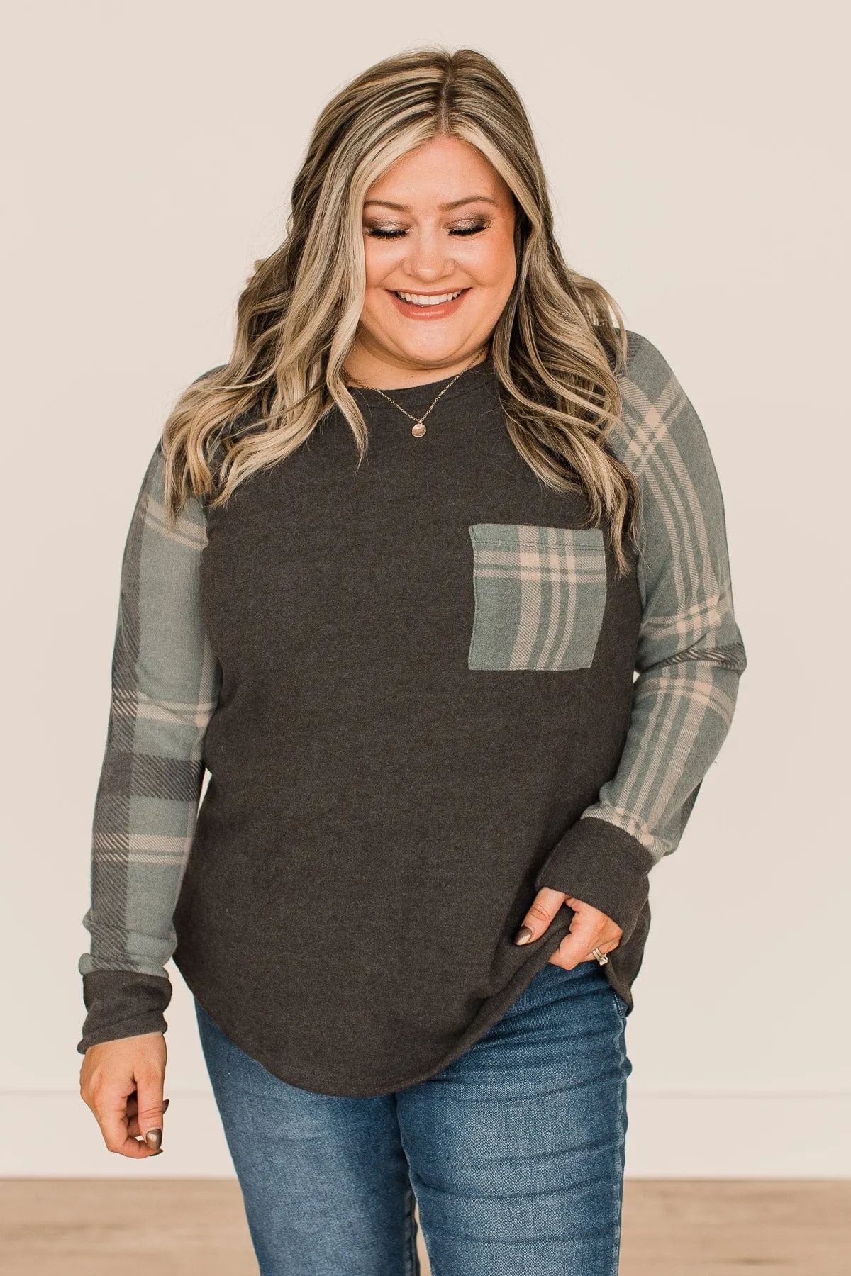 Late Nights In Plaid Pocket Top- Dusty Teal & Charcoal