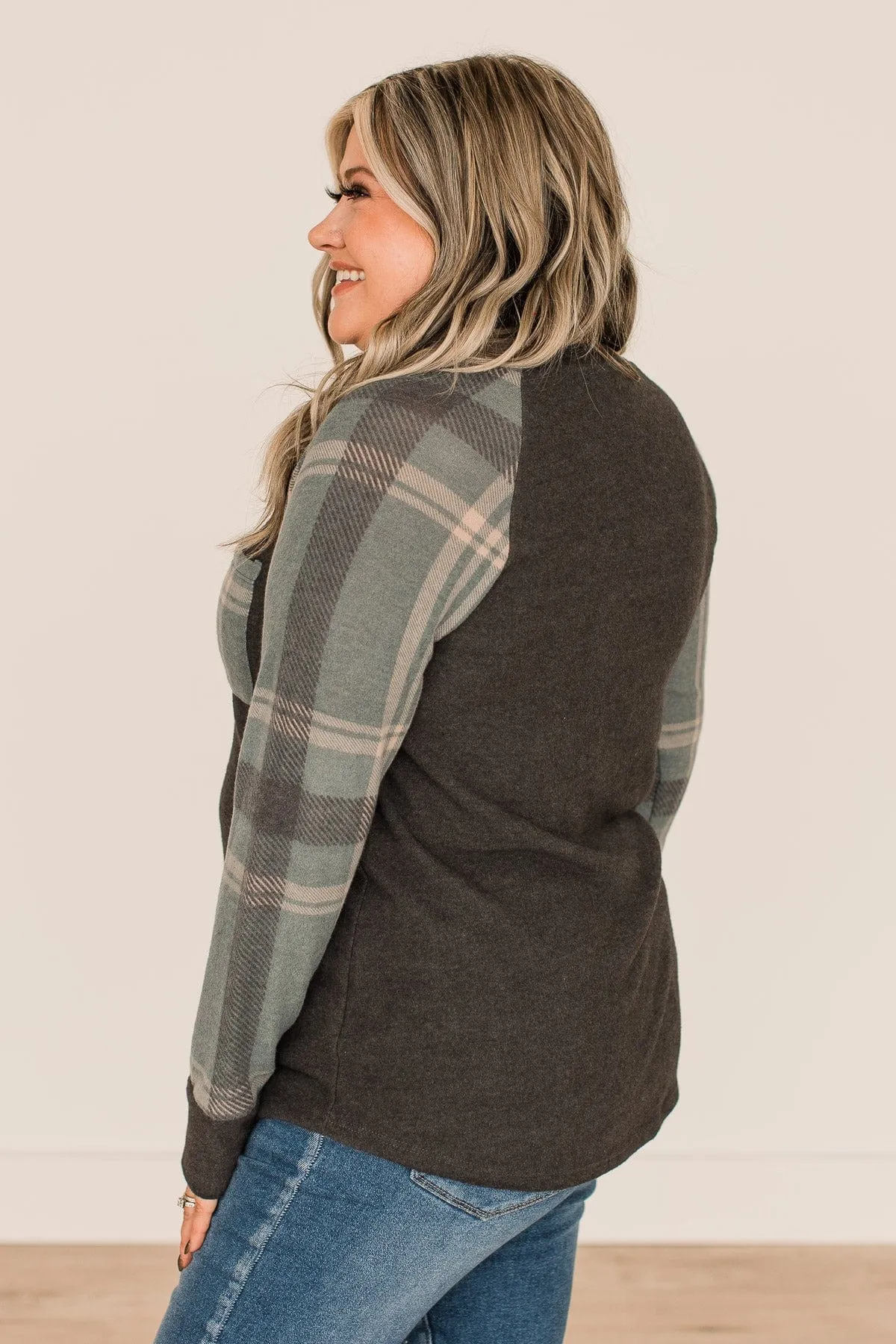 Late Nights In Plaid Pocket Top- Dusty Teal & Charcoal