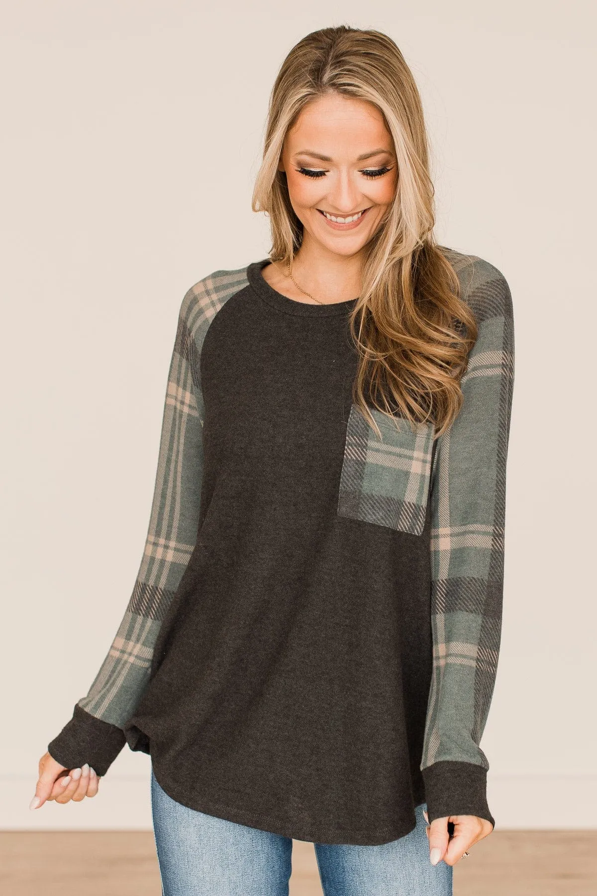 Late Nights In Plaid Pocket Top- Dusty Teal & Charcoal