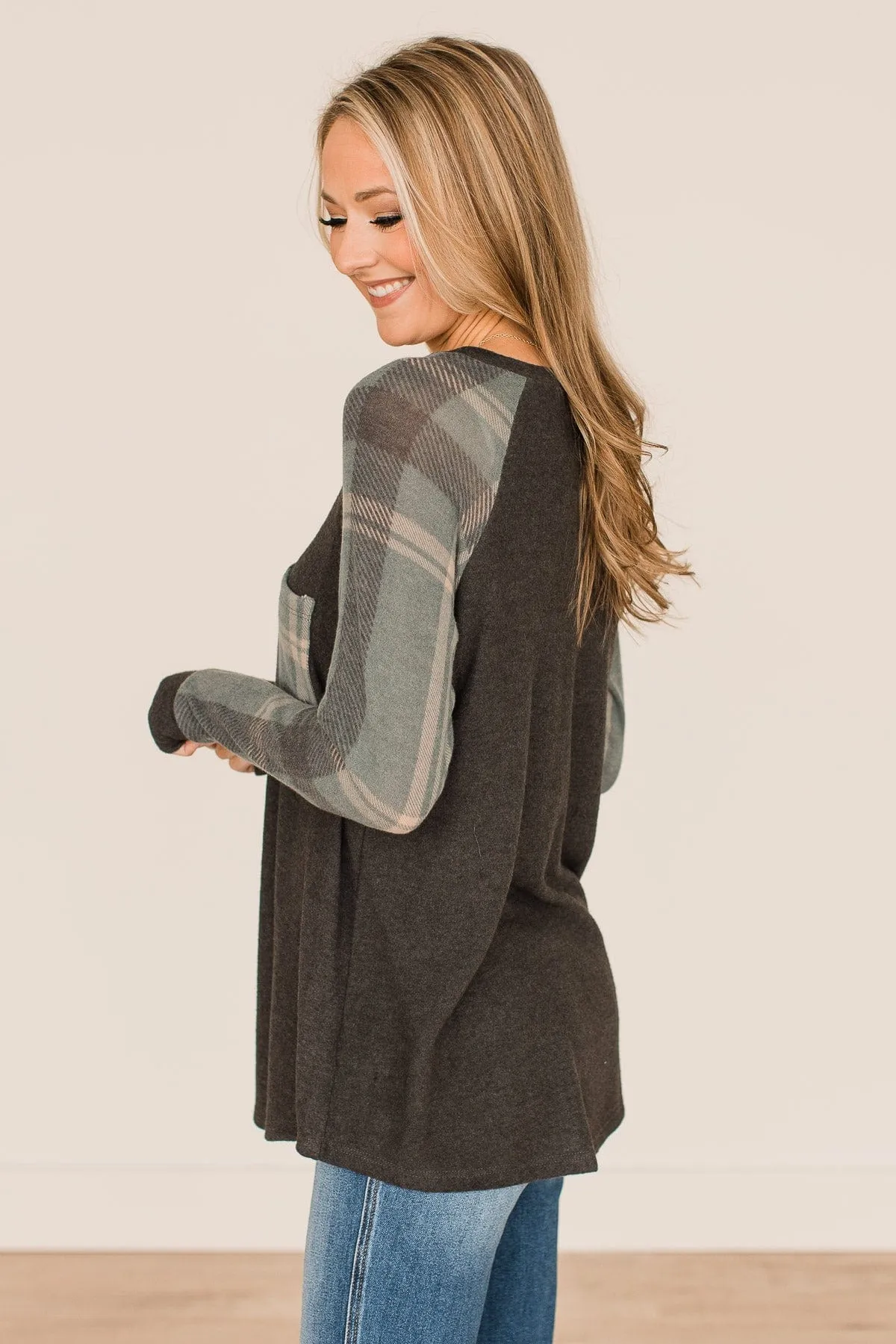 Late Nights In Plaid Pocket Top- Dusty Teal & Charcoal