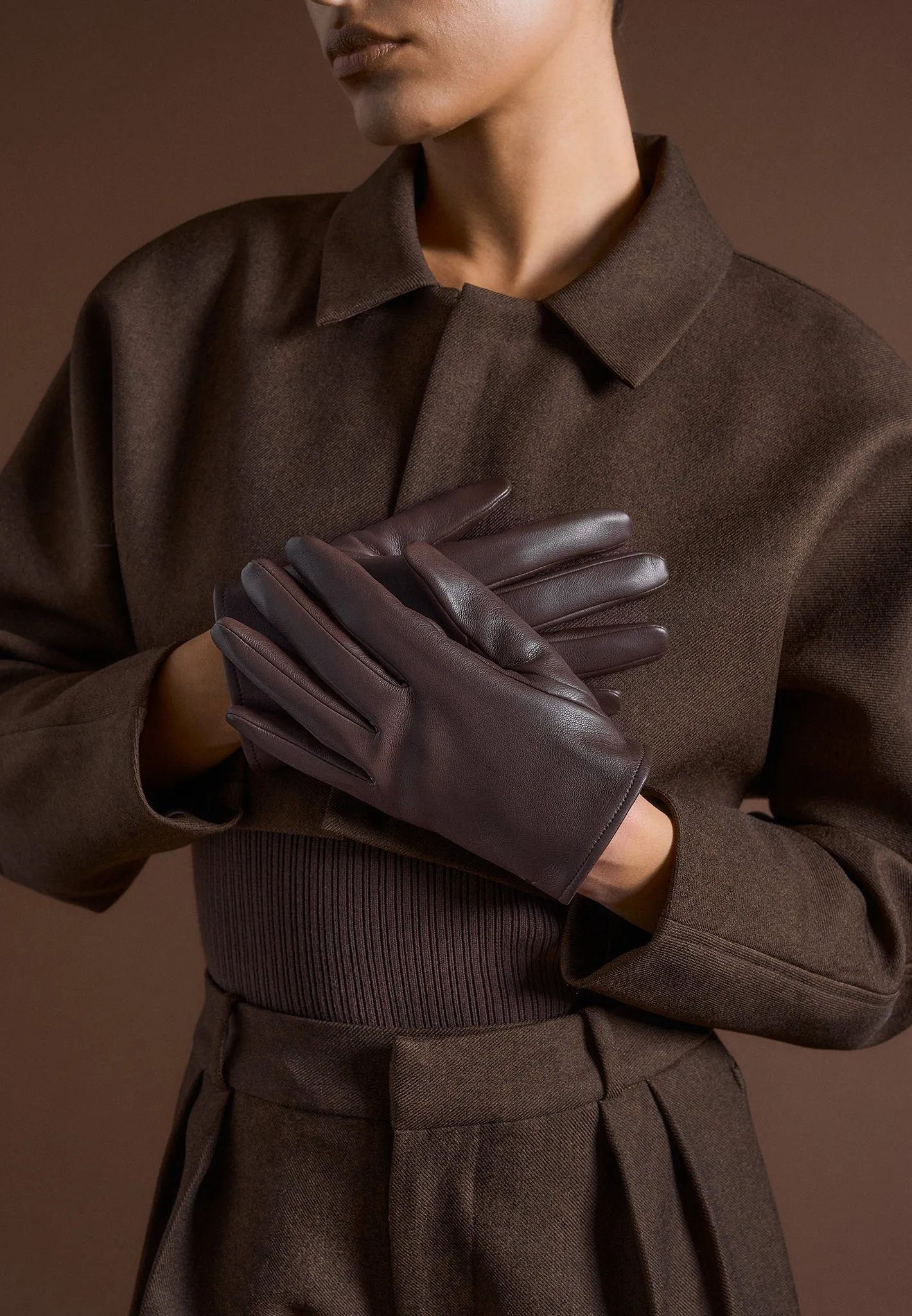 Leather Short Gloves - Brown