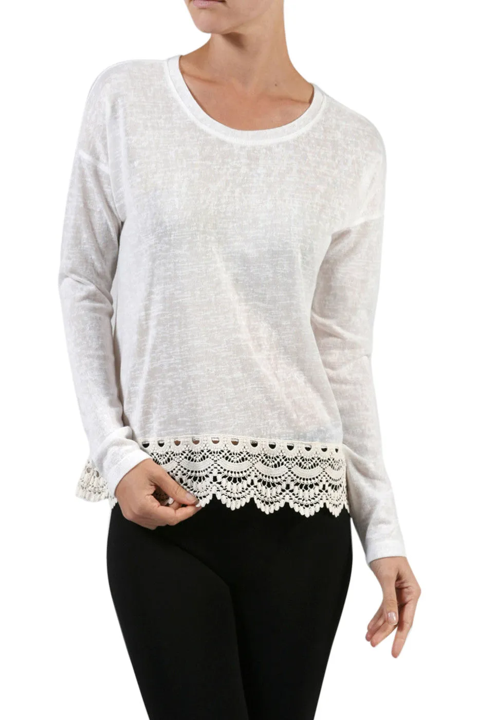 Long Sleeve Sweater With Sheer Lace Trim