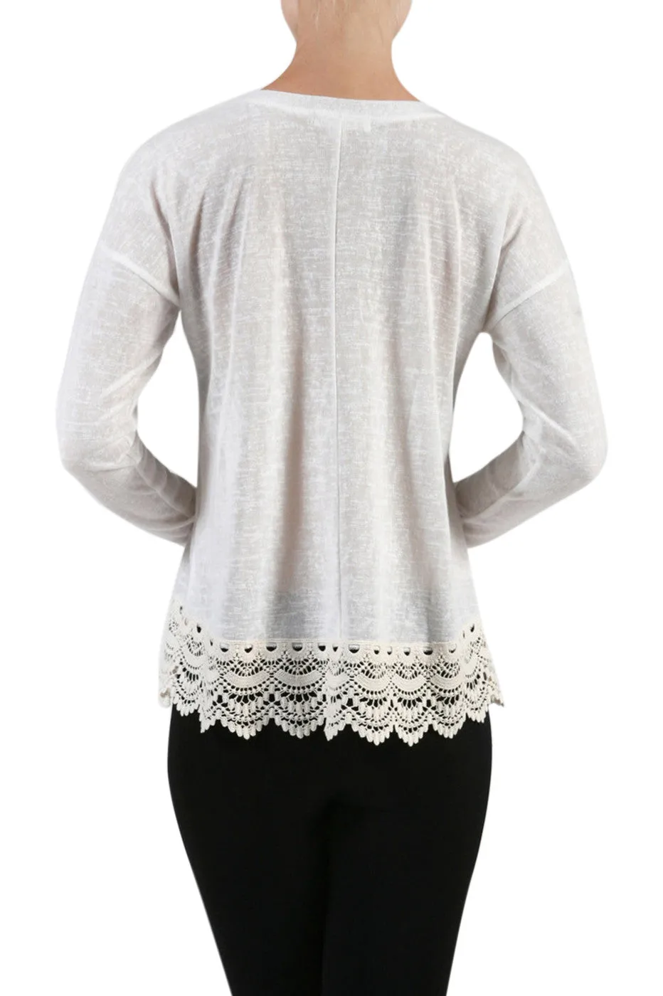 Long Sleeve Sweater With Sheer Lace Trim