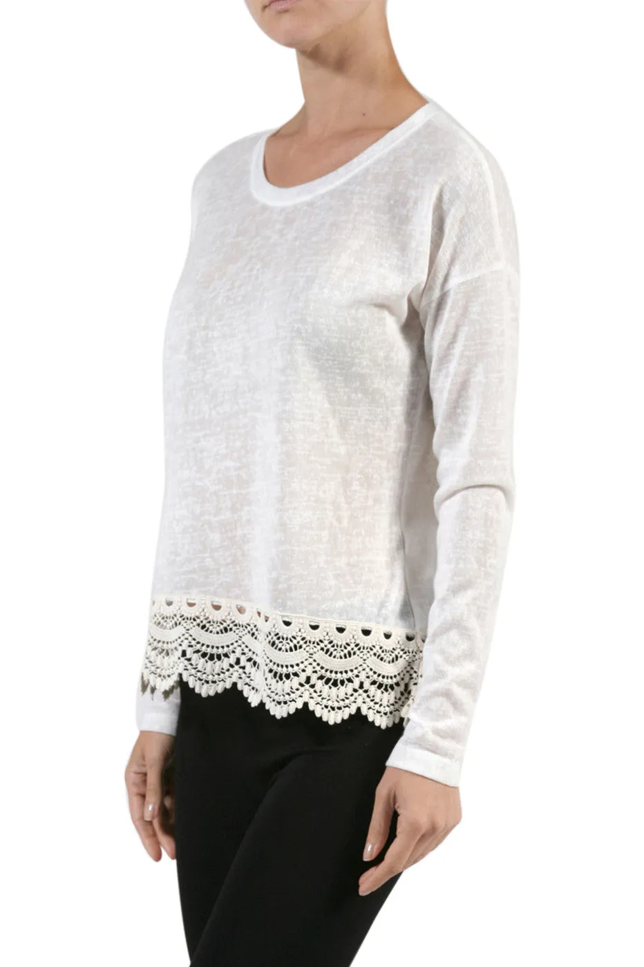 Long Sleeve Sweater With Sheer Lace Trim