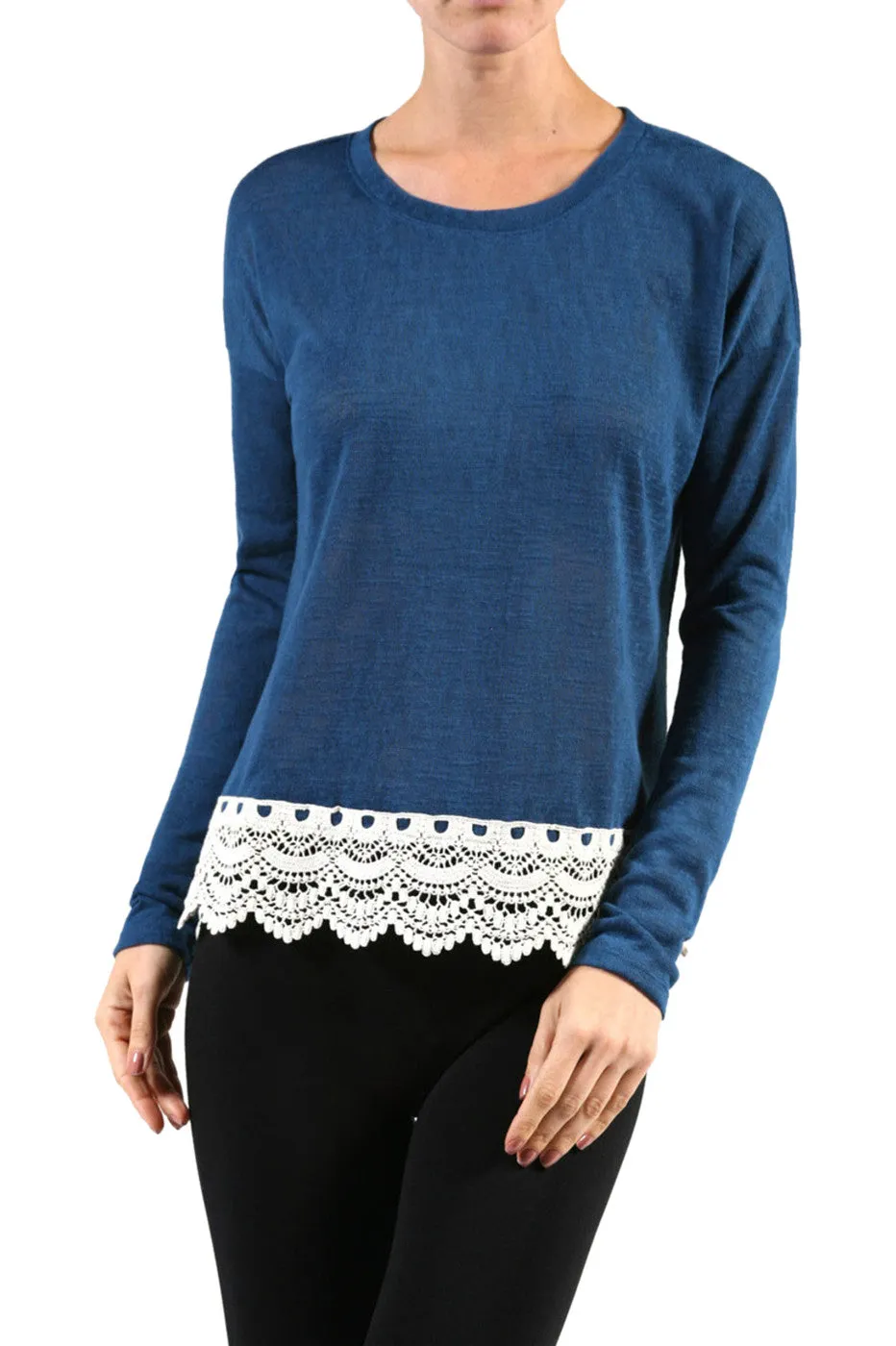 Long Sleeve Sweater With Sheer Lace Trim