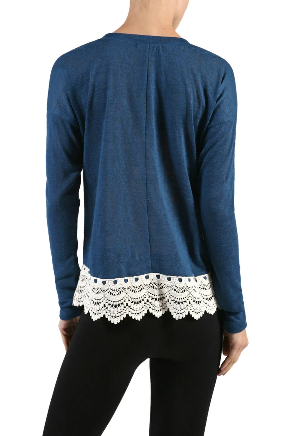 Long Sleeve Sweater With Sheer Lace Trim