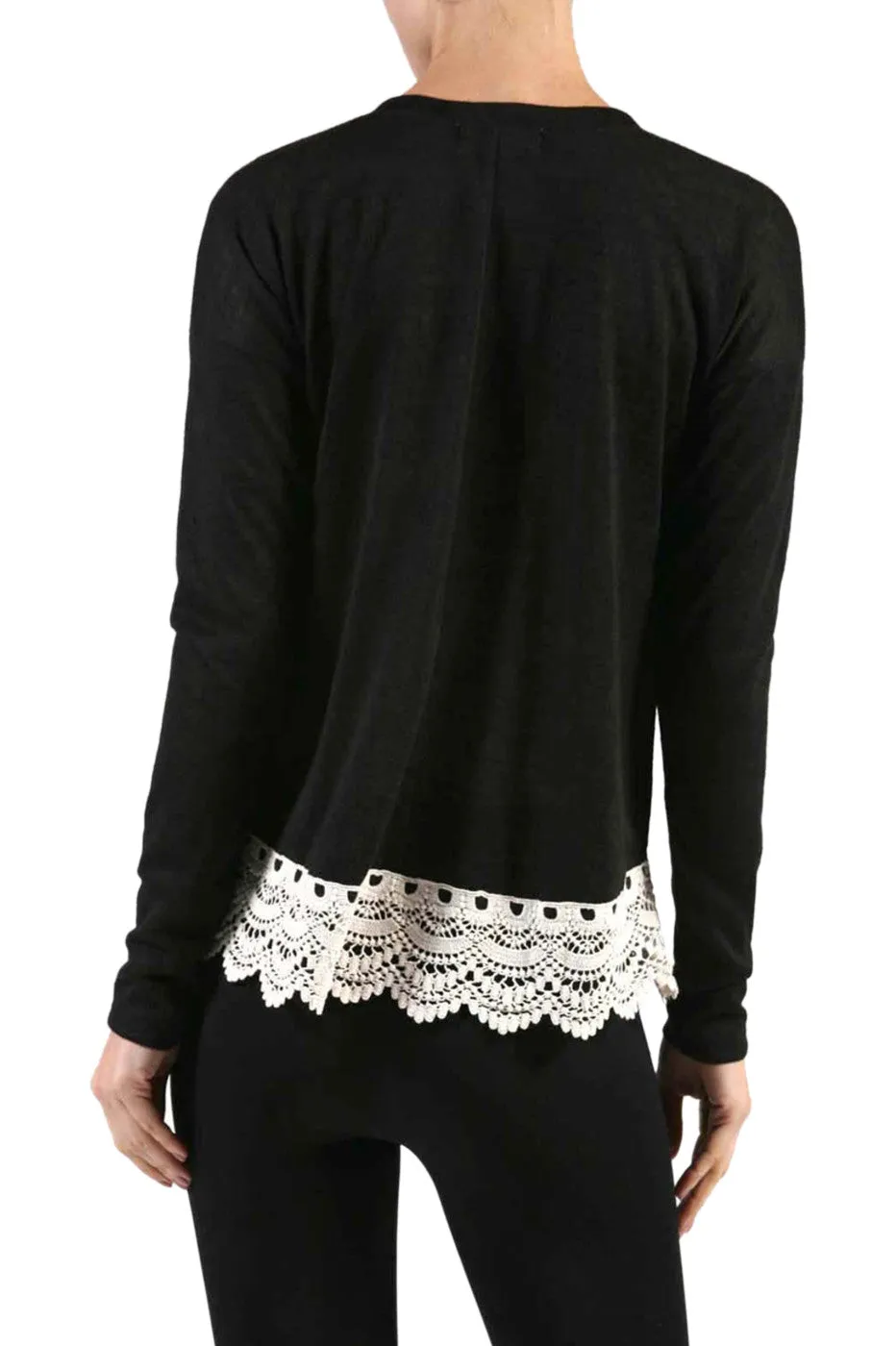 Long Sleeve Sweater With Sheer Lace Trim