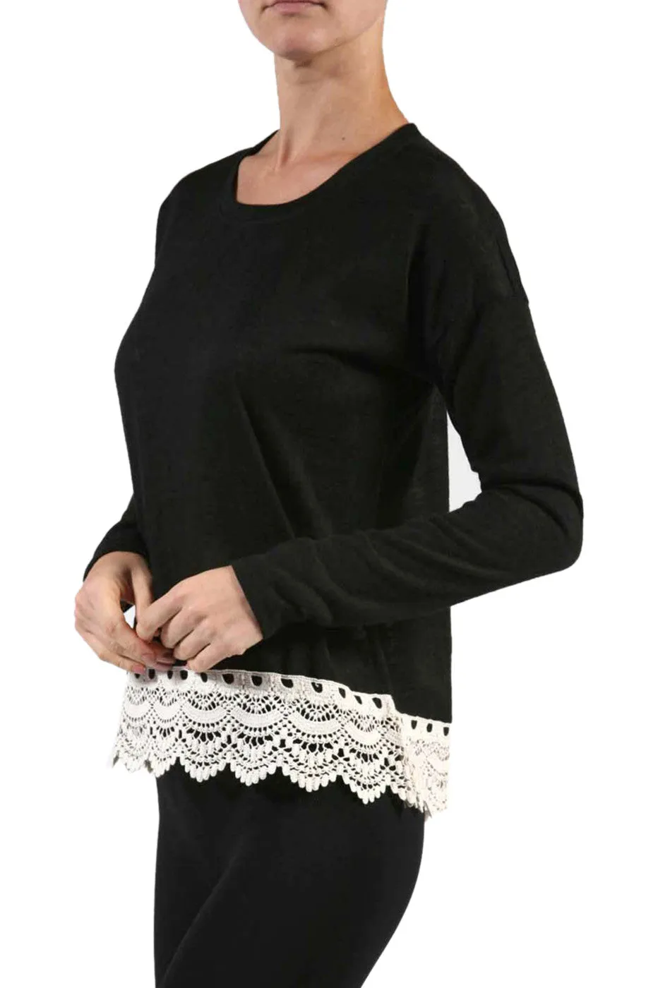 Long Sleeve Sweater With Sheer Lace Trim