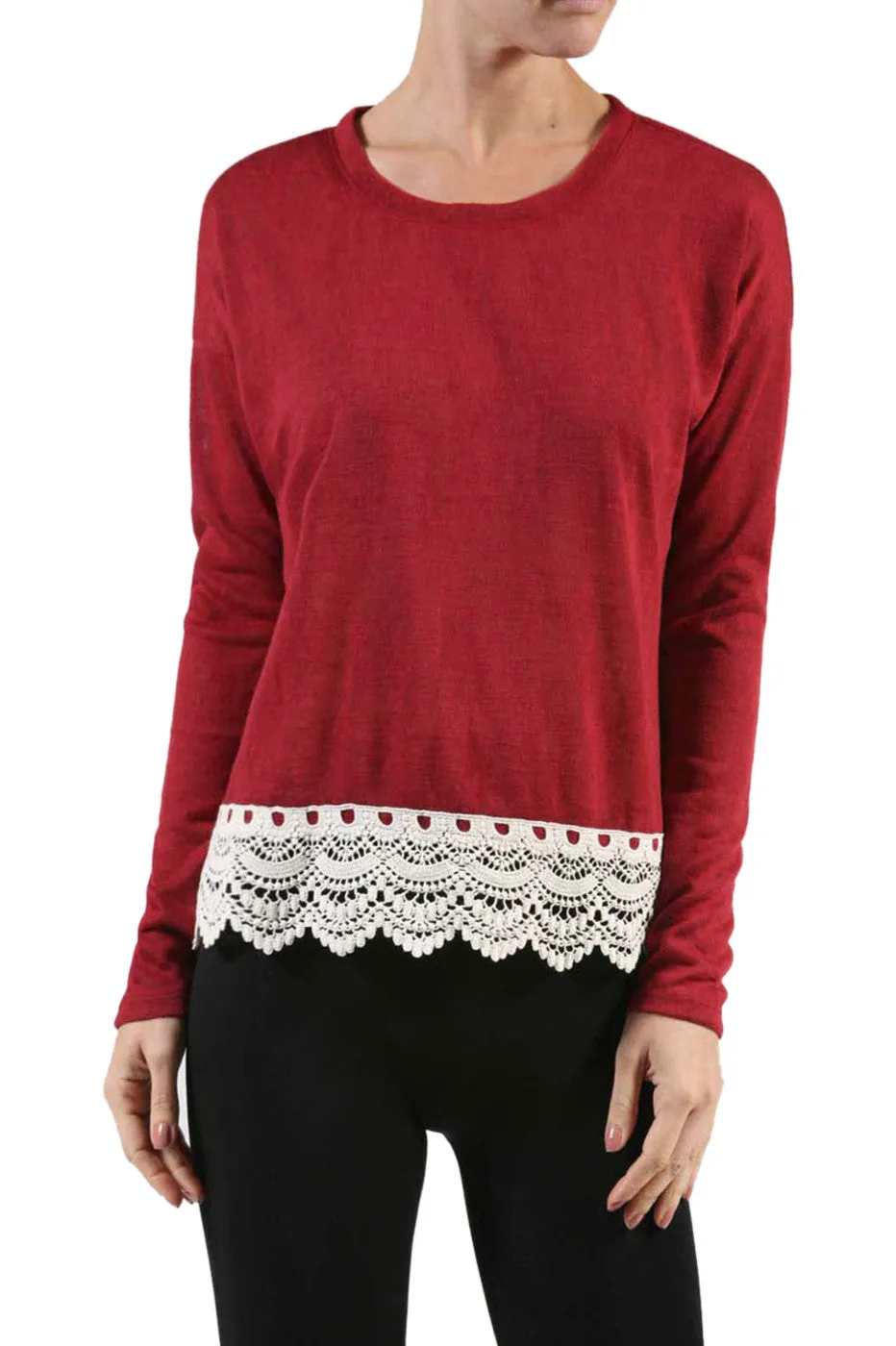 Long Sleeve Sweater With Sheer Lace Trim